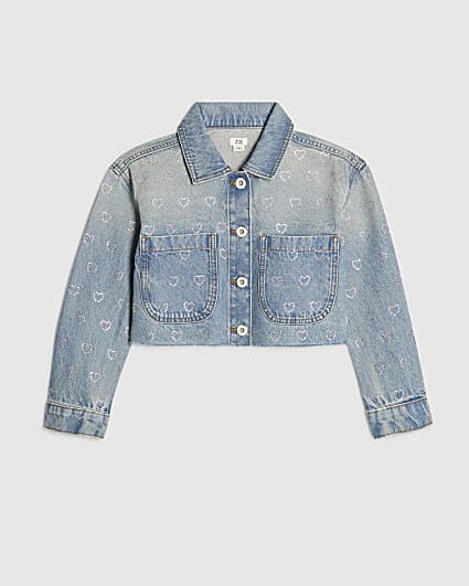 Girls Blue Heart Embellished Denim Jacket