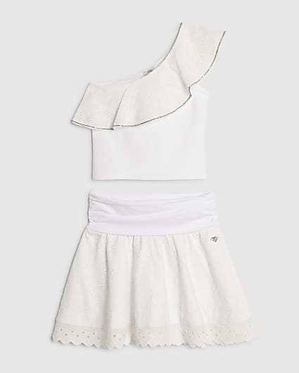 Girls White Asymmetric Top & Skirt Set