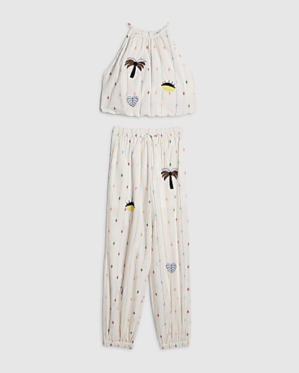 Girls Beige Stripe Hareem Top Set