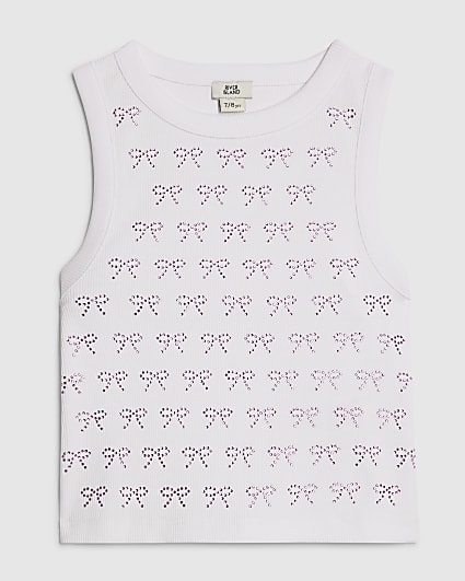 Girls White Bow Diamante Tank Top