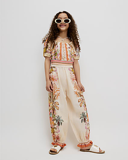 Girls Cream Top & Trousers Set