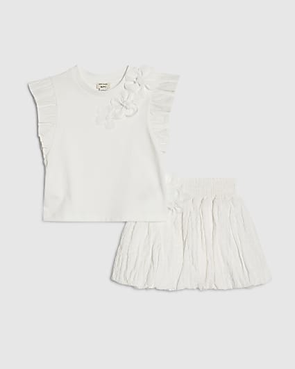 Mini Girls White Frill Sleeve T-Shirt Set