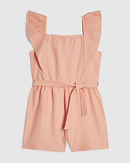 Girls Orange Shirred Floral Playsuit