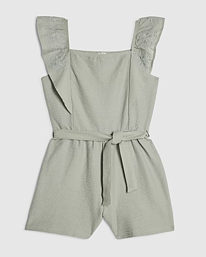 Girls Green Shirred Floral Playsuit
