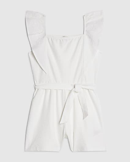 Girls White Shirred Floral Playsuit