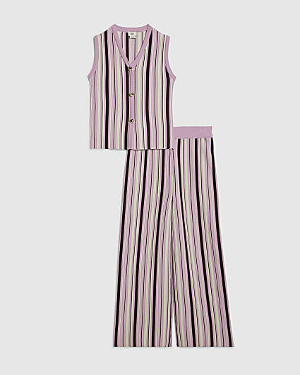 Girls Purple Striped Knitted Waistcoat Set
