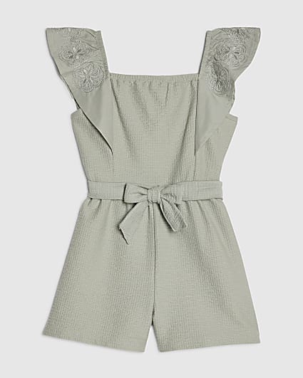 Mini Girls Khaki Belted Shirred Playsuit