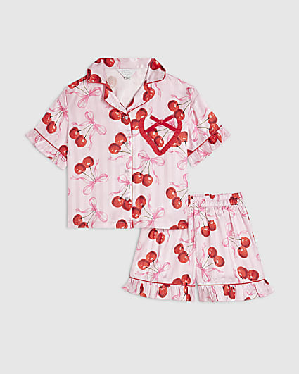 Girls Pink Cherry Print Satin Pyjamas Set