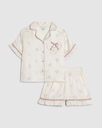 Girls White Heart Diamante Satin Pyjamas