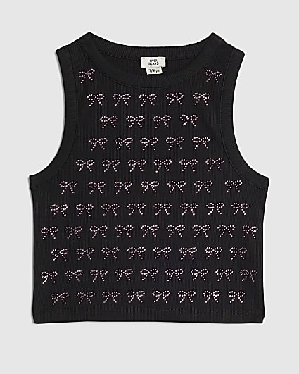 Girls Black Bow Diamante Tank Top