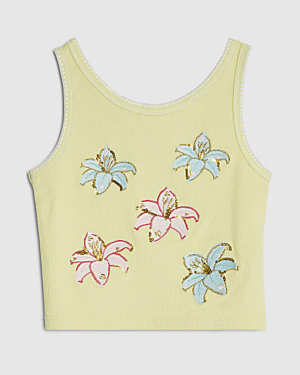 Girls Green Embellished Flower Tank Top