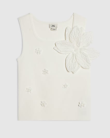 Girls White Flower Trim Knitted Top