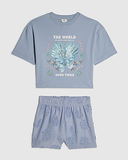 Girls Blue Shell Print Towelling Set