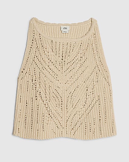Girls Beige Embellished Crochet Top