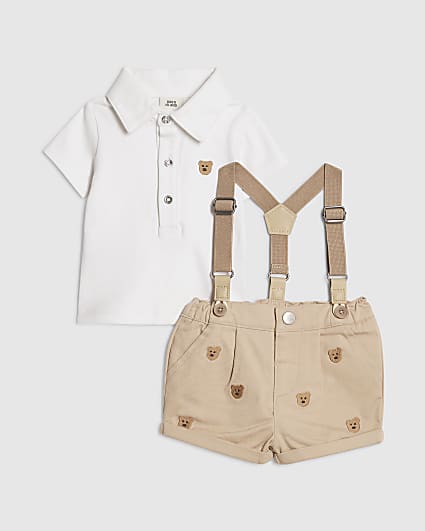 Baby Boys Beige Bear Polo Shorts Set