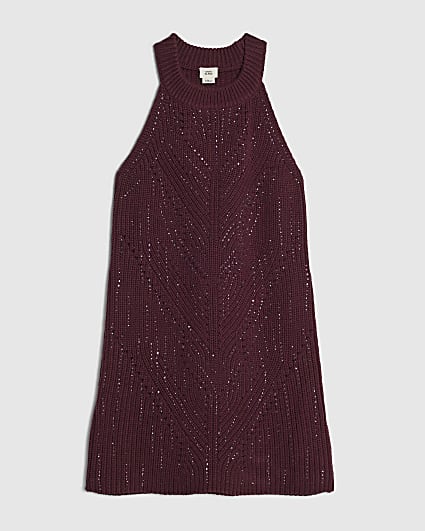 Girls Purple Embellished Knitted Dress