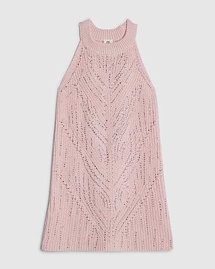 Girls Pink Knitted Diamante Dress