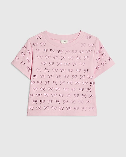 Girls Pink Bow Diamante T-Shirt