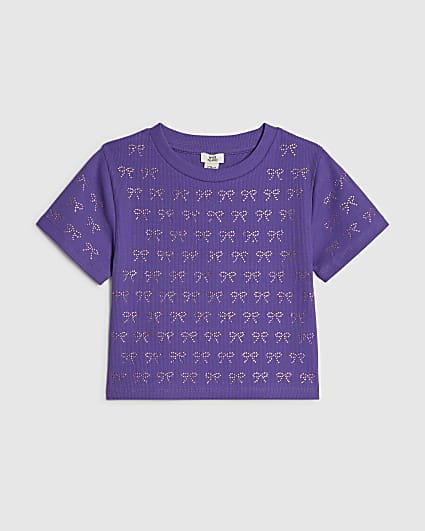 Girls Purple Bow Diamante T-Shirt