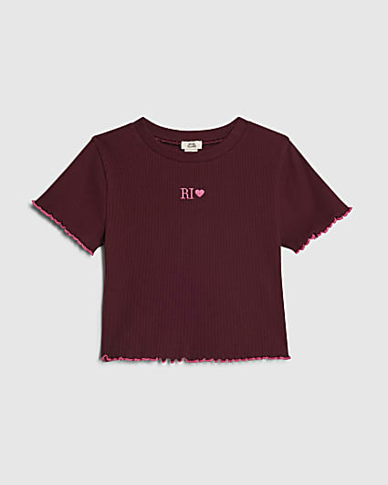 Girls Red Lettuce Hem Crop T-Shirt