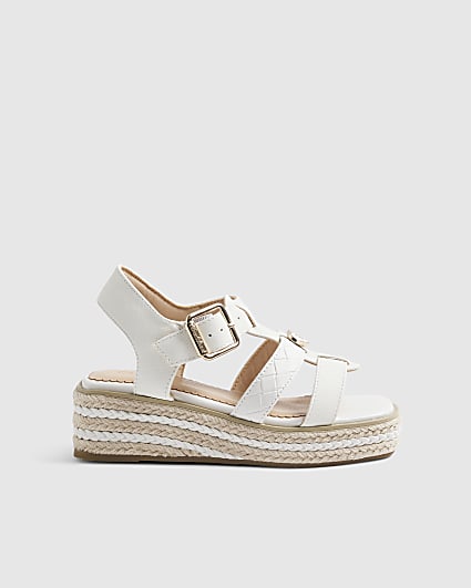 Girls White T Bar RI Heart Wedges