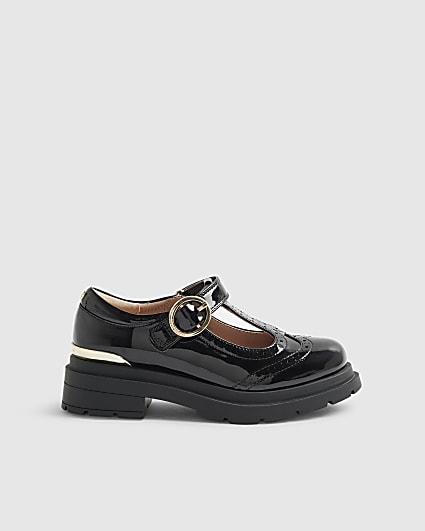 Girls Black Chunky T-Bar Brogue Shoes