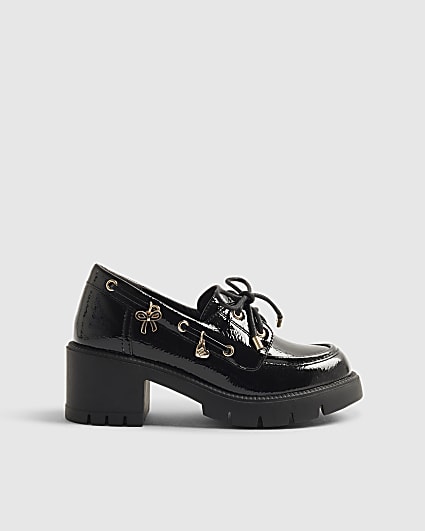 Girls Black Patent Lace Up Heeled Boat Shoes