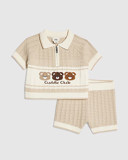 Baby Boys Beige 3D Bear Polo Shirt Set