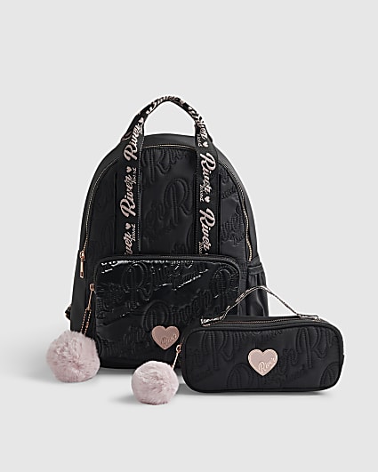 Girls Black Quilted Backpack and Pencil Case