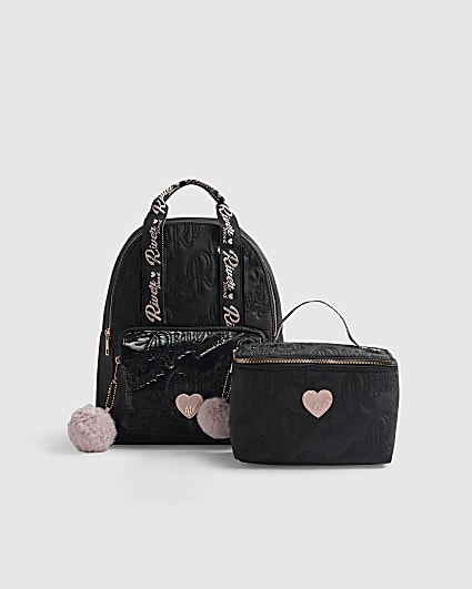 Girls Black Quilted Backpack And Lunchbox Set