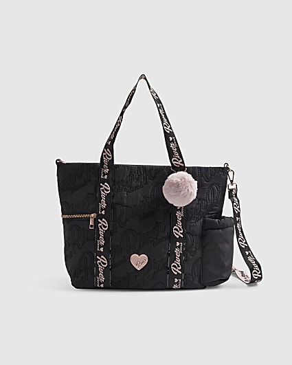 Girls Black Nylon Quilted Shopper Bag