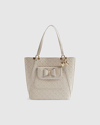Girls Cream Monogram Padlock Bow Shopper Bag