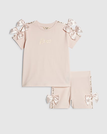 Mini Girls Pink Satin Bow Cycling Shorts Set
