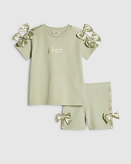 Mini Girls Green Satin Bow Cycling Shorts Set