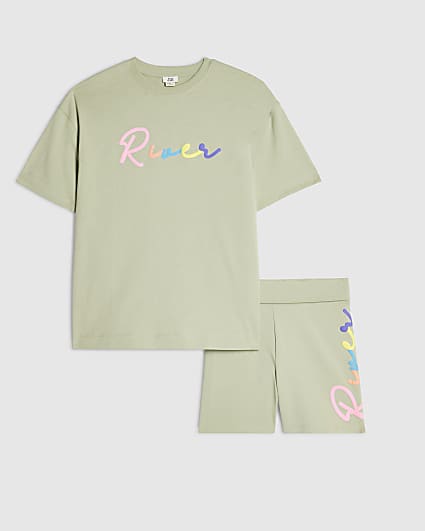 Girls Khaki Neon Text T-Shirt and Shorts Set