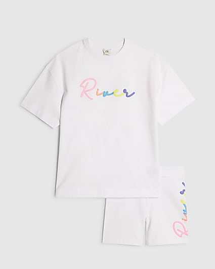 Girls White Script T-Shirt And Shorts Set