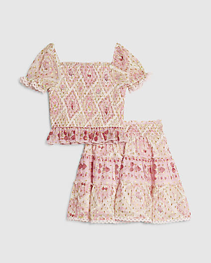 Girls Pink Cherry Chiffon Top & Skirt Set