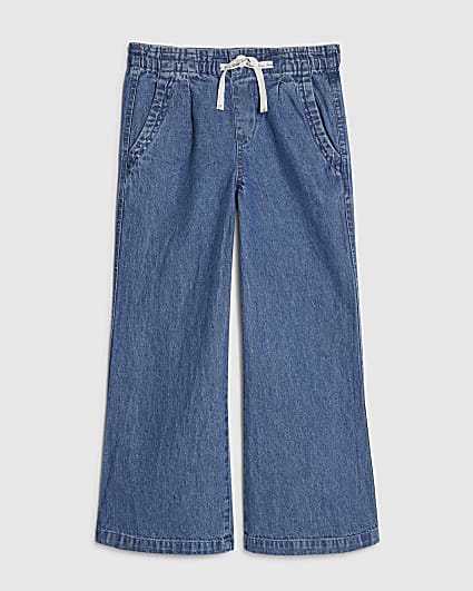 Girls Blue Tie Waist Wide Leg Jeans