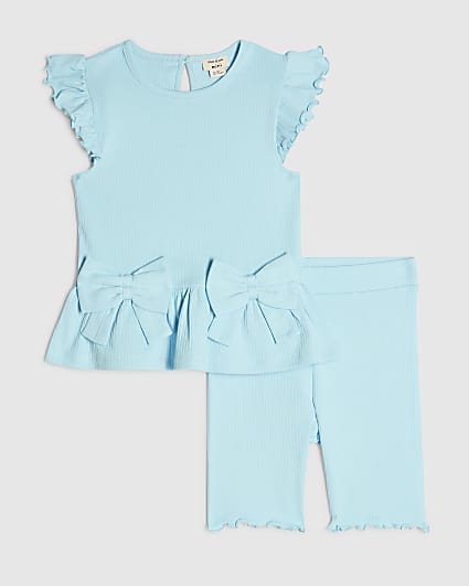 Mini Girls Blue Peplum Bow Rib Shorts Set