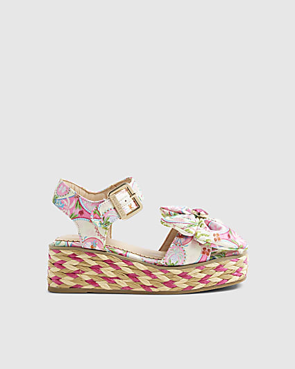 Girls Pink Floral Printed Bow Wedges