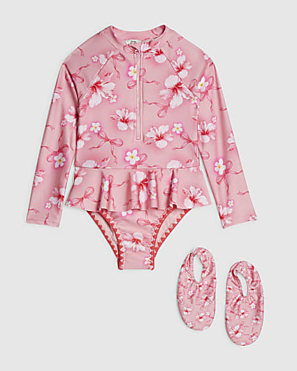 Mini Girls Pink Hibiscus Swimsuit Set