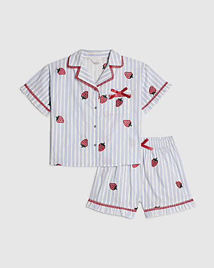 Girls Blue Strawberry Stripe Pyjamas Set