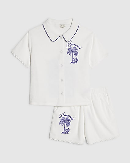Girls White Palm Tree Towel Shorts Set