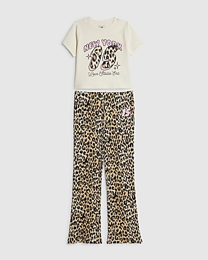 Girls White Leopard Print Flared Trousers Set