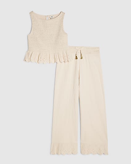 Girls Cream Peplum Top Trousers Set