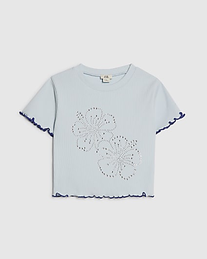 Girls Blue Hotfix Flower Lettuce Hem T-Shirt