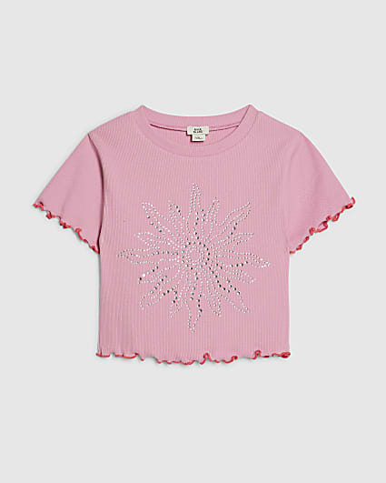Girls Pink Hotfix Sun Lettuce Hem T-Shirt
