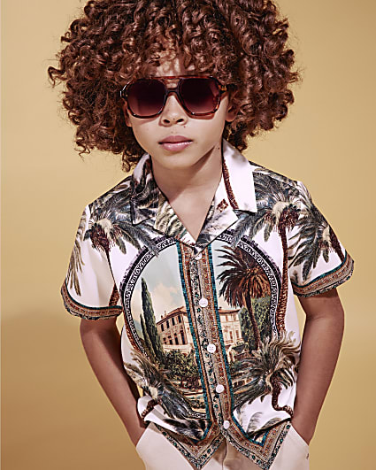 Boys White Palm Print Short Sleeve Shirt
