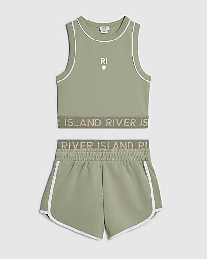 Girls Khaki RI Waistband Tank and Shorts Set