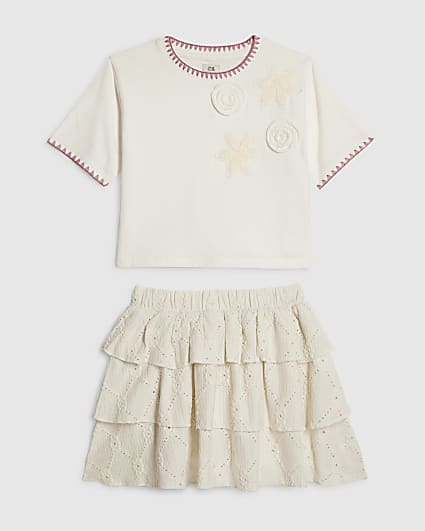 Girls Cream Crochet T-Shirt & Skirt Set
